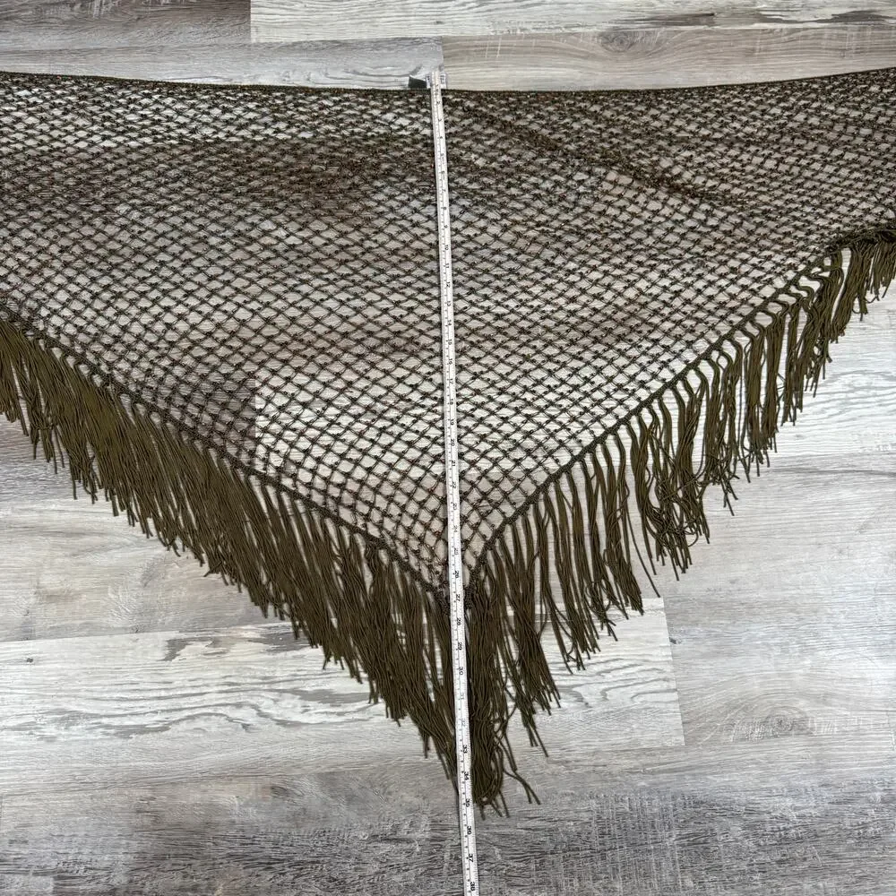 Vintage 90s Y2K Chico's Beaded Fringe Triangle Shawl Wrap Olive Boho Festival